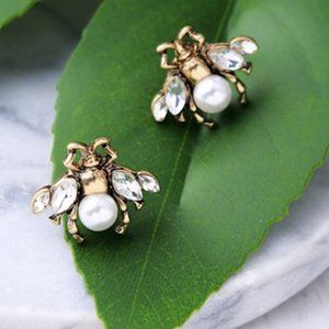 Crystal Pearl Bee Bumble Bee Stud Earrings Gold Tone White